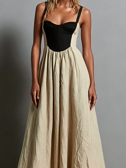 Khaki Sleeveless Maxi Dress with Square Neck and Colour Block Paneling – Sienna Noosa