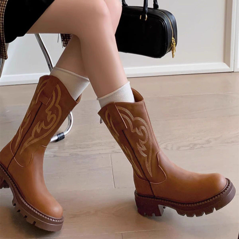 Retro soft leather thick-soled versatile mid-calf boots star_border – Sienna Noosa