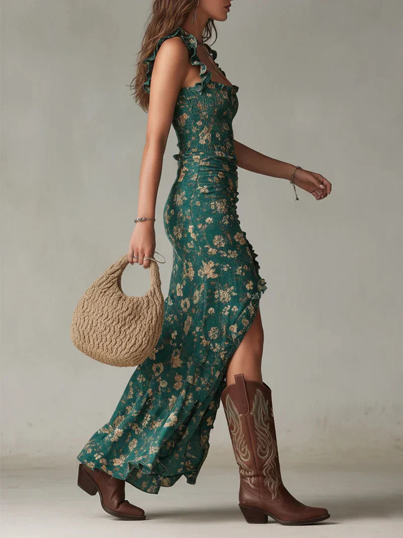 Victoria Dress Print Style Bohemian With Neckline In V Profundo And Split Lateral – Sienna Noosa