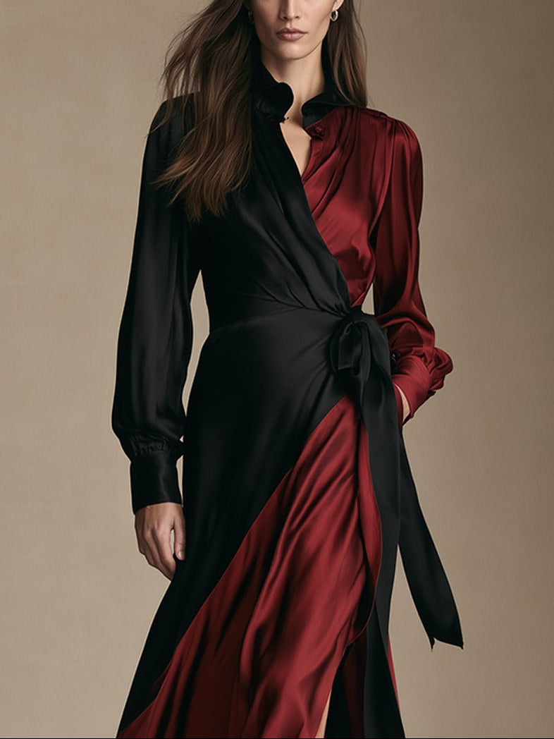 Red and black color-block satin wrap maxi dress – Sienna Noosa