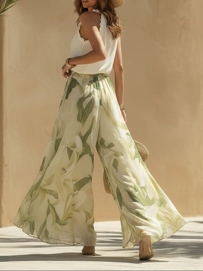 Vacation Chiffon Ruffled Sleeveless Top and Lily Print Pants Set – Sienna Noosa