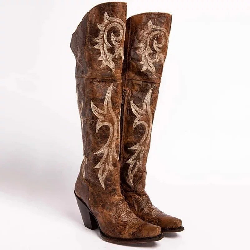 Retro pattern high-heeled thick-heeled high boots – Sienna Noosa