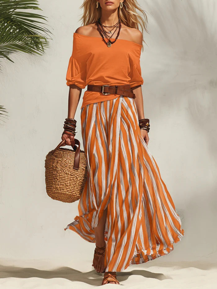 Womens Off Shoulder Puff Sleeve Top and Striped Skirt Set – Sienna Noosa