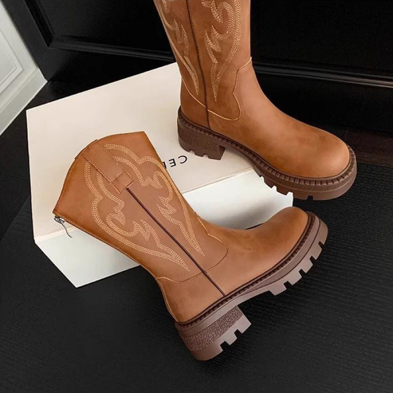 Retro soft leather thick-soled versatile mid-calf boots star_border – Sienna Noosa