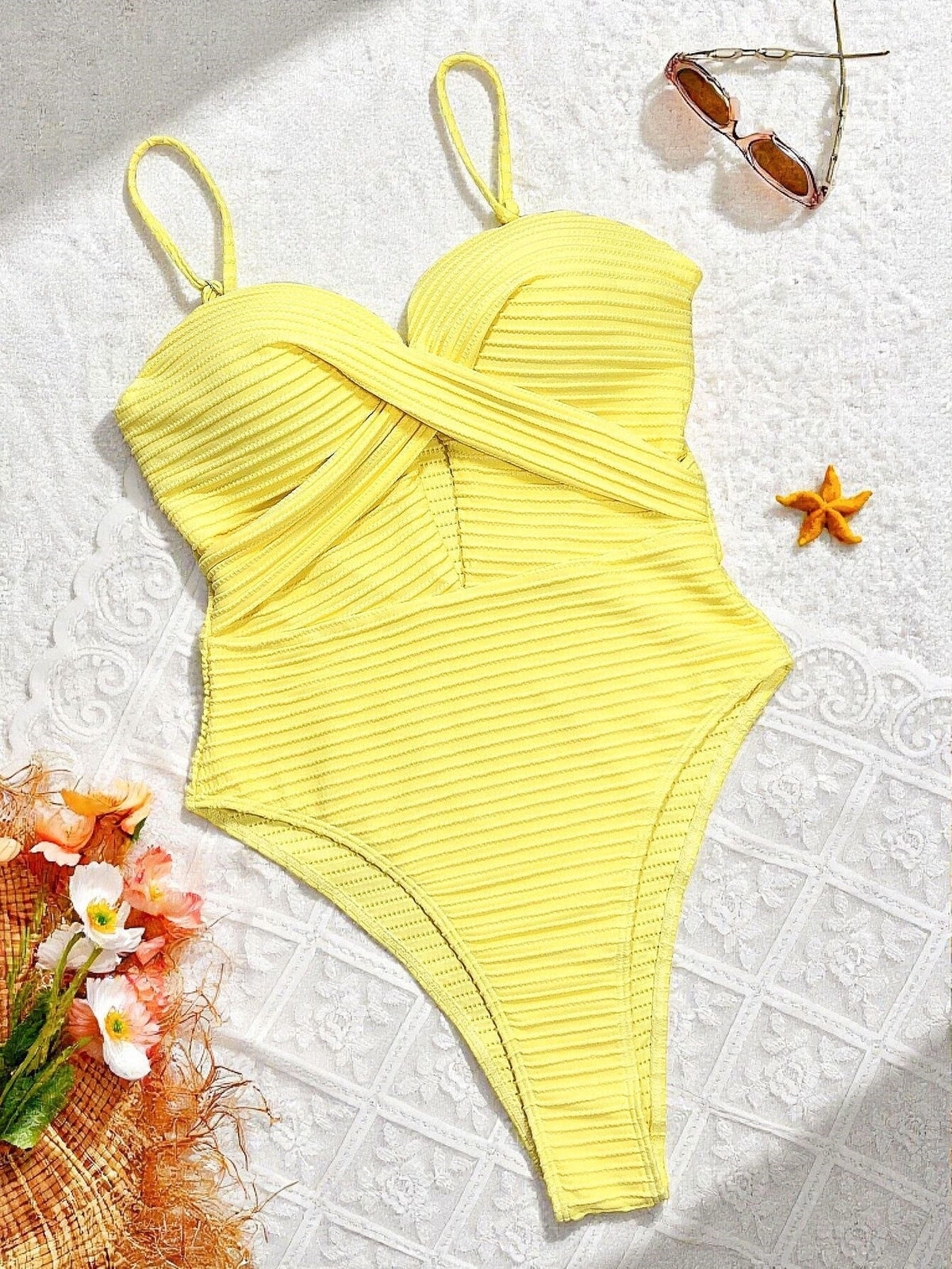 Solid-Color Vertical-Striped Openwork Tie-Side One-Piece Swimsuit – Sienna Noosa