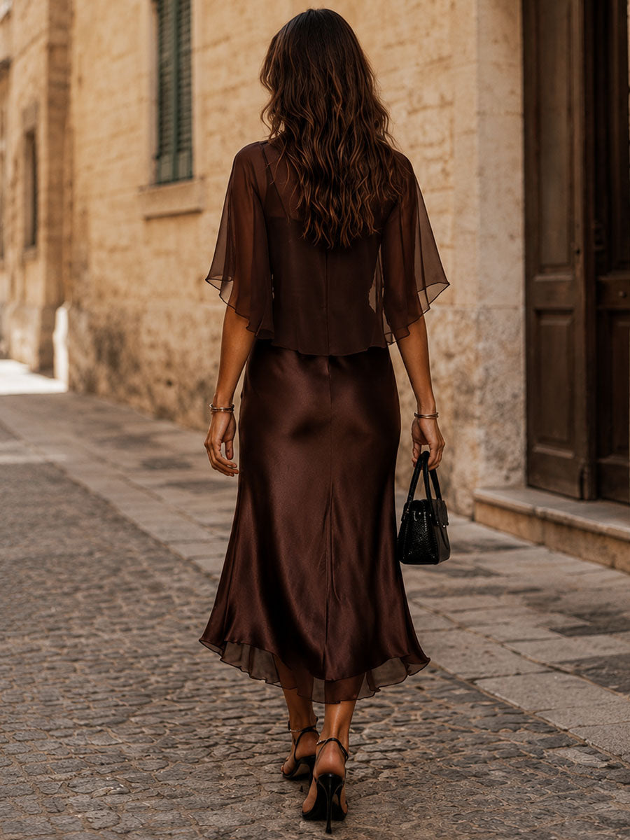 María Brown Chiffon Blouse and Satin Midi Dress Two-Piece Set – Sienna Noosa