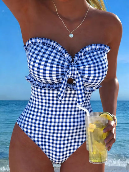 Slimming Strapless Striped and Checkered One-Piece Swimsuit – Sienna Noosa