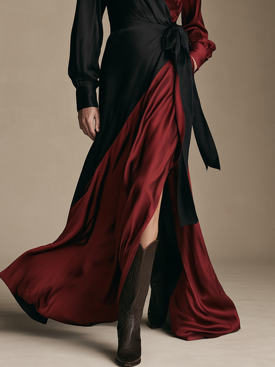 Red and black color-block satin wrap maxi dress – Sienna Noosa