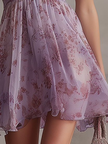 Retro Purple Floral Ruffled Chiffon Mini Dress – Sienna Noosa