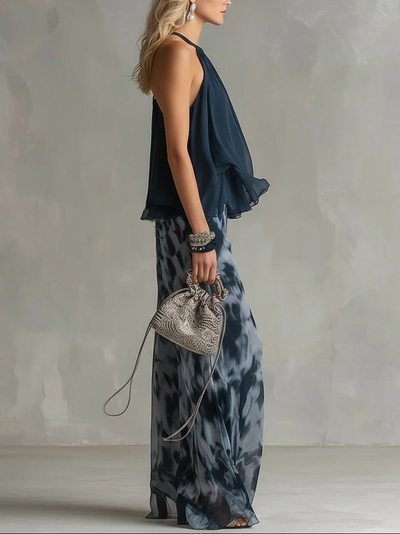 Navy Halter Neck Top and Printed Wide Leg Pants Chiffon Set – Sienna Noosa