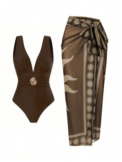 French Vintage Print Deep-V Sexy Swimsuit Set – Sienna Noosa