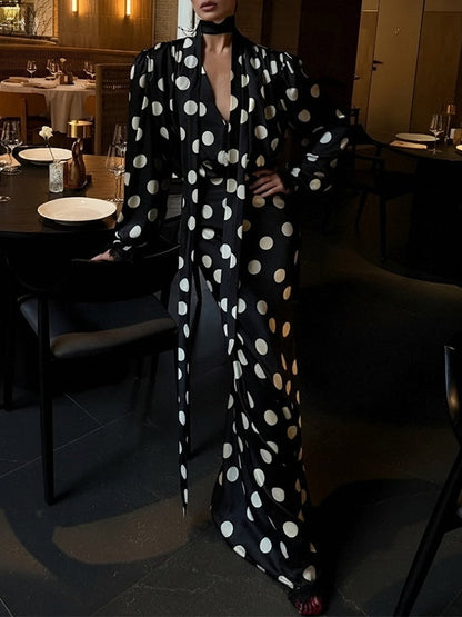 Elegant Polka Dot V Neck Puff Sleeve Waist Defining Dress – Sienna Noosa