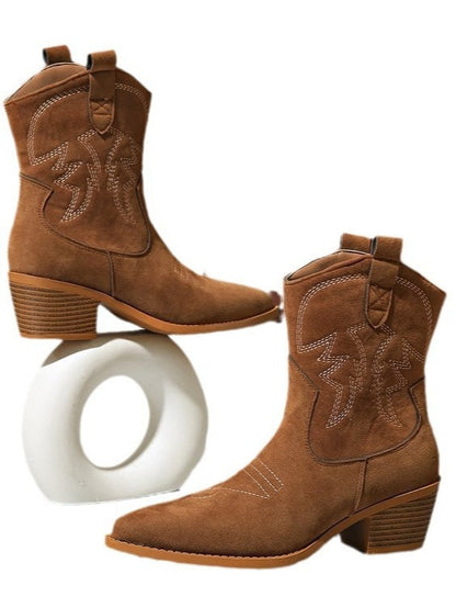 Retro embroidered block heel round toe mid-calf knight boots – Sienna Noosa