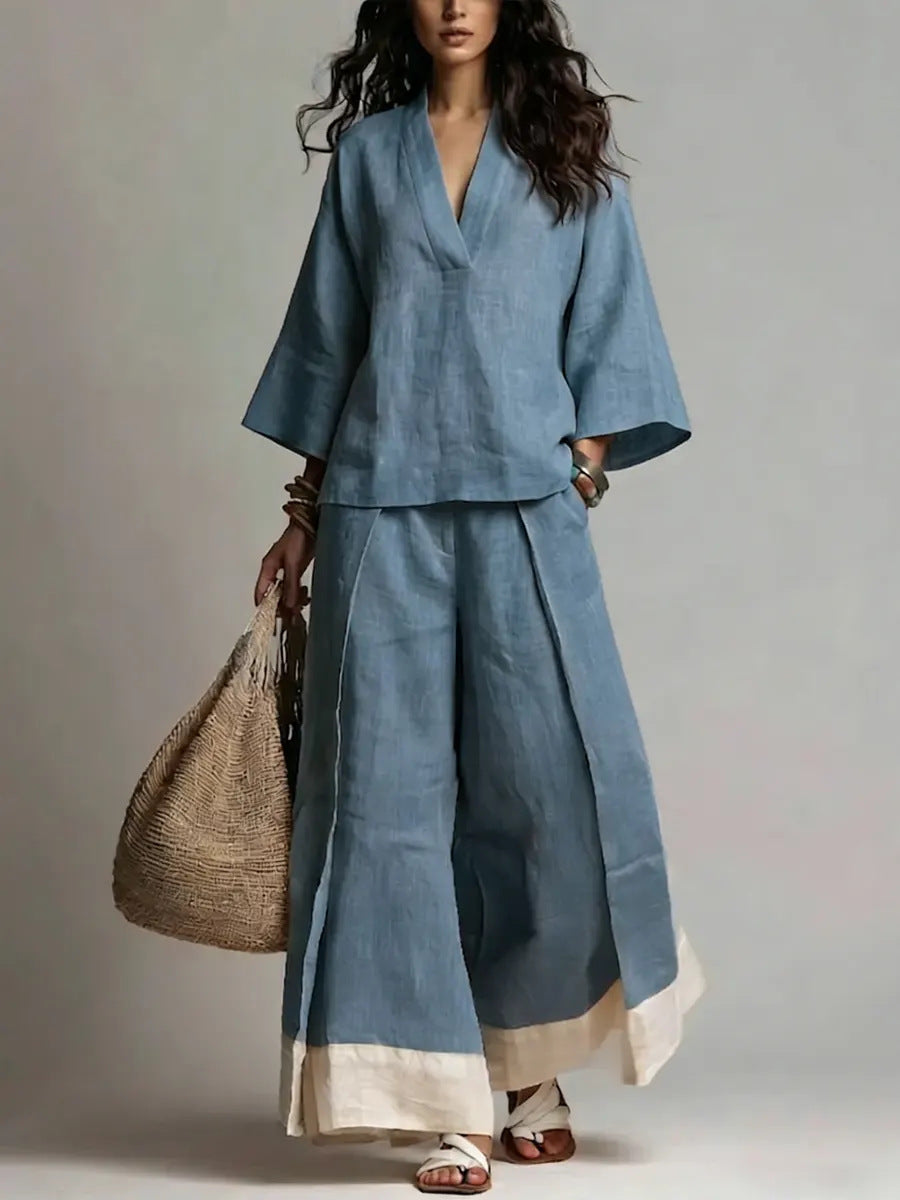 Pink V Neck Shirt and Colour Blocked Wide Leg Pants Suit – Sienna Noosa
