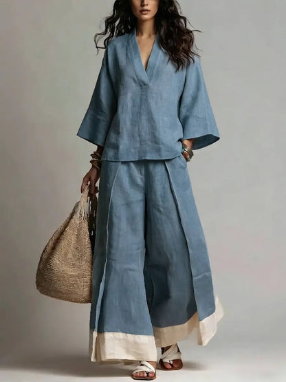 Pink V Neck Shirt and Colour Blocked Wide Leg Pants Suit – Sienna Noosa