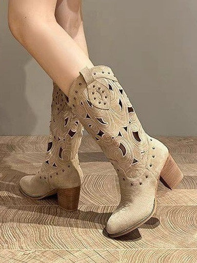 Suede Chunky Heel Embroidered Openwork Western Boots – Sienna Noosa