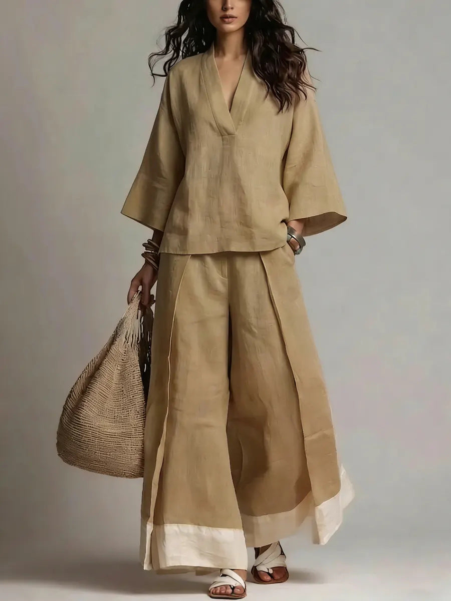 Pink V Neck Shirt and Colour Blocked Wide Leg Pants Suit – Sienna Noosa
