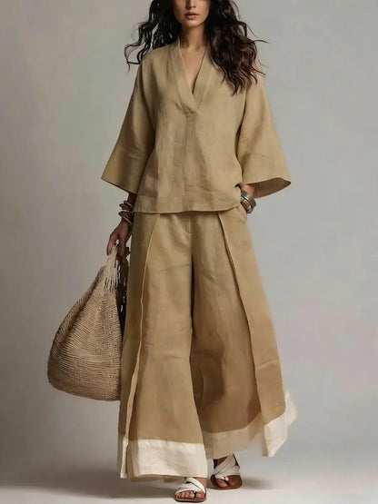 Pink V Neck Shirt and Colour Blocked Wide Leg Pants Suit – Sienna Noosa