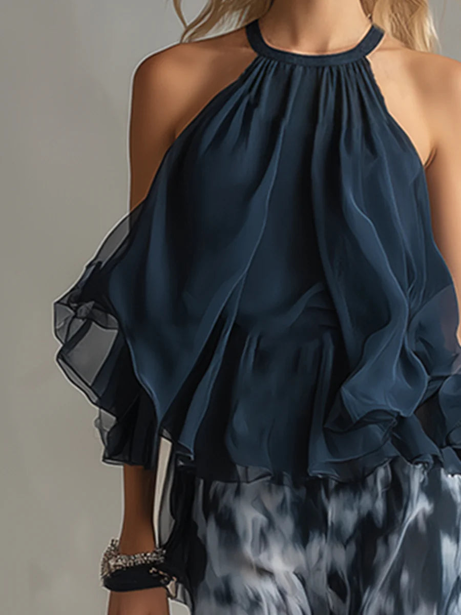 Navy Halter Neck Top and Printed Wide Leg Pants Chiffon Set – Sienna Noosa