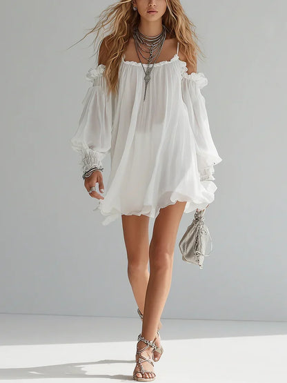 Iliana Sigrid Bla Miniklanning Med Off Shoulder Rynkad Midja Och Spetskant – Sienna Noosa