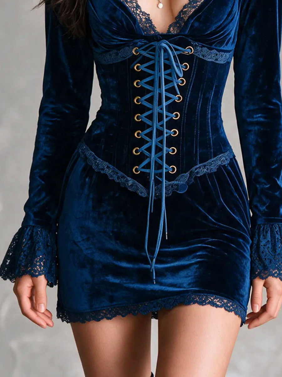 Adriana Romantic Vintage Lace Trim Velvet Lace Up Party Mini Dress – Sienna Noosa