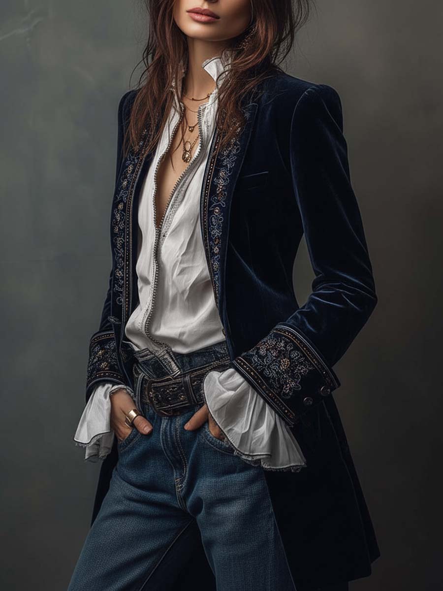 Soraya Womens Vintage Navy Embroidered Longline Jacket – Sienna Noosa