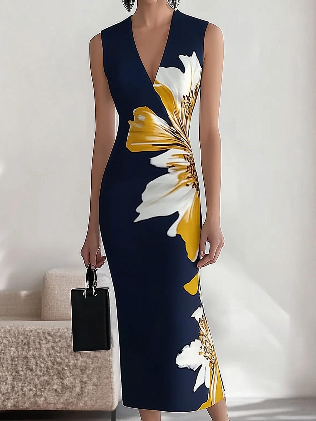 Navy Blue V Neck Sleeveless Dress with Floral Print – Sienna Noosa