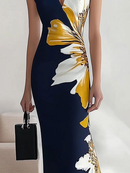 Navy Blue V Neck Sleeveless Dress with Floral Print – Sienna Noosa