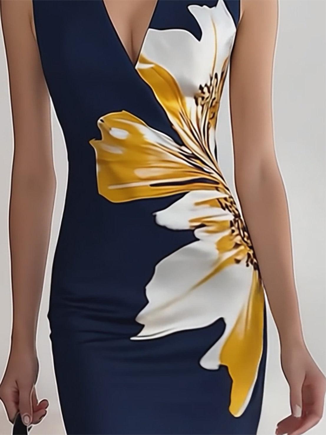 Navy Blue V Neck Sleeveless Dress with Floral Print – Sienna Noosa