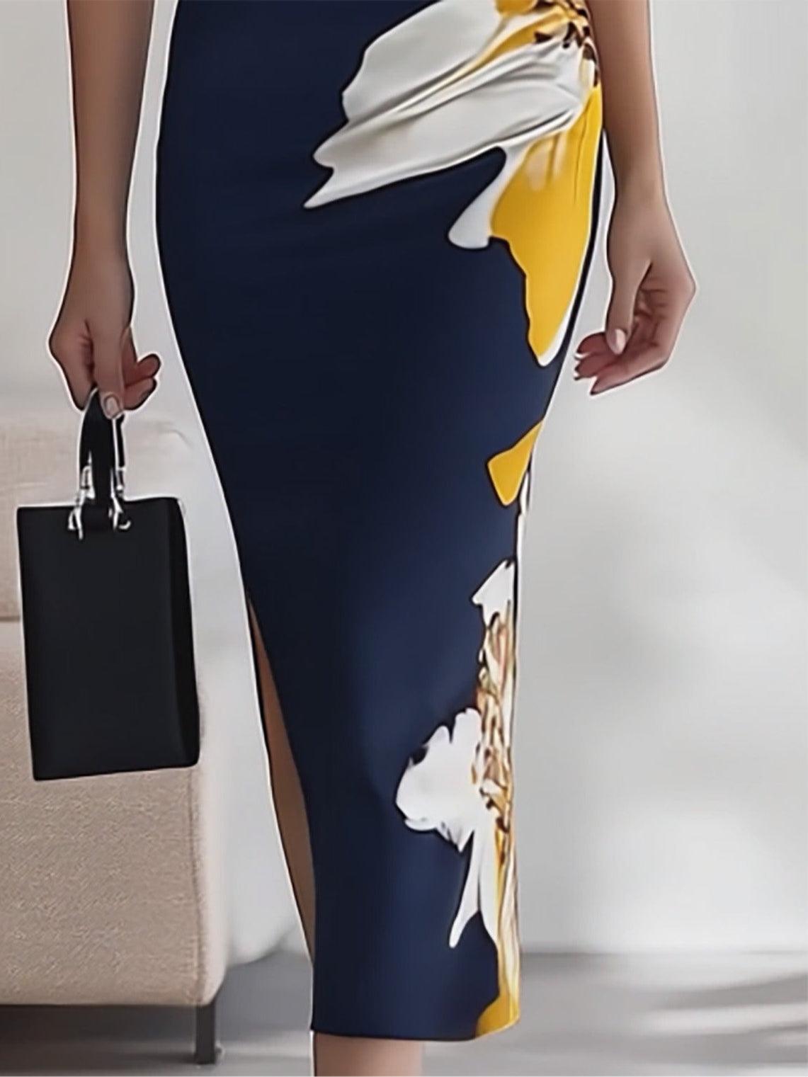 Navy Blue V Neck Sleeveless Dress with Floral Print – Sienna Noosa