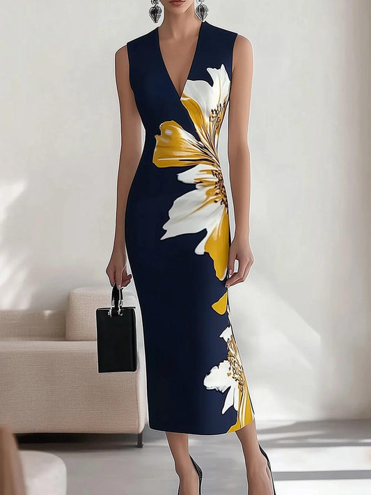 Navy Blue V Neck Sleeveless Dress with Floral Print – Sienna Noosa