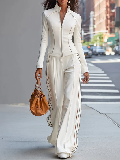 White stand-up collar zip-up wide-leg pant set – Sienna Noosa