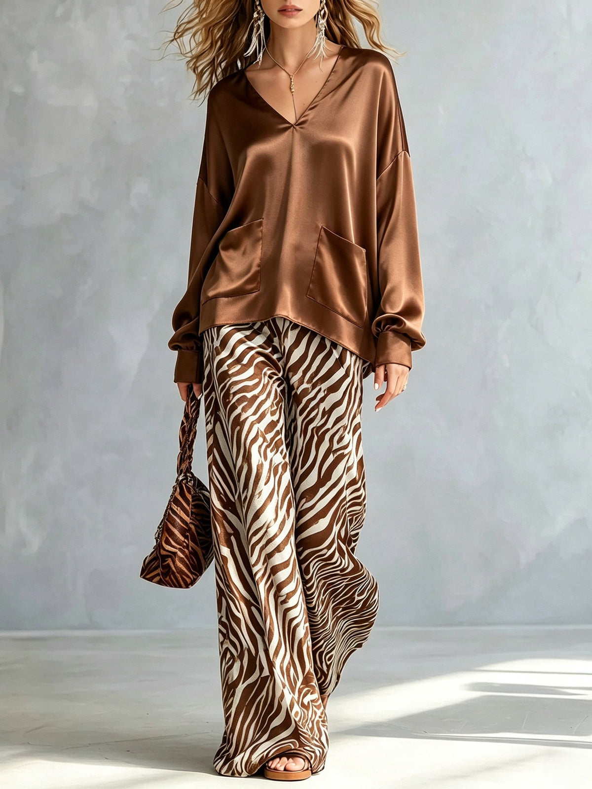 Brown Satin Hoodie Zebra Print Wide Leg Pants Set – Sienna Noosa