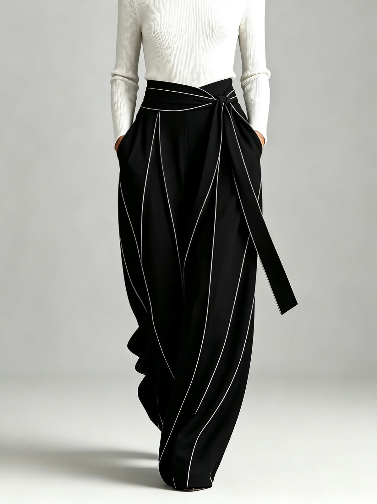 Mock Neck Ribbed Knit Top and Wrap Tie Waist Contrast Stitch Wide Leg Pants Set – Sienna Noosa