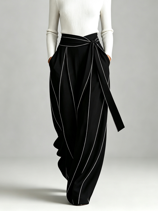 Mock Neck Ribbed Knit Top and Wrap Tie Waist Contrast Stitch Wide Leg Pants Set – Sienna Noosa