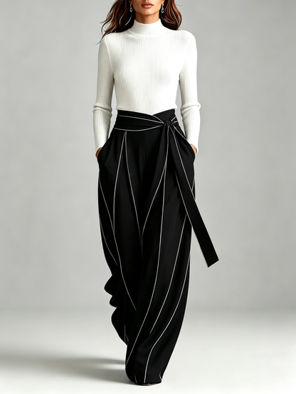 Mock Neck Ribbed Knit Top and Wrap Tie Waist Contrast Stitch Wide Leg Pants Set – Sienna Noosa