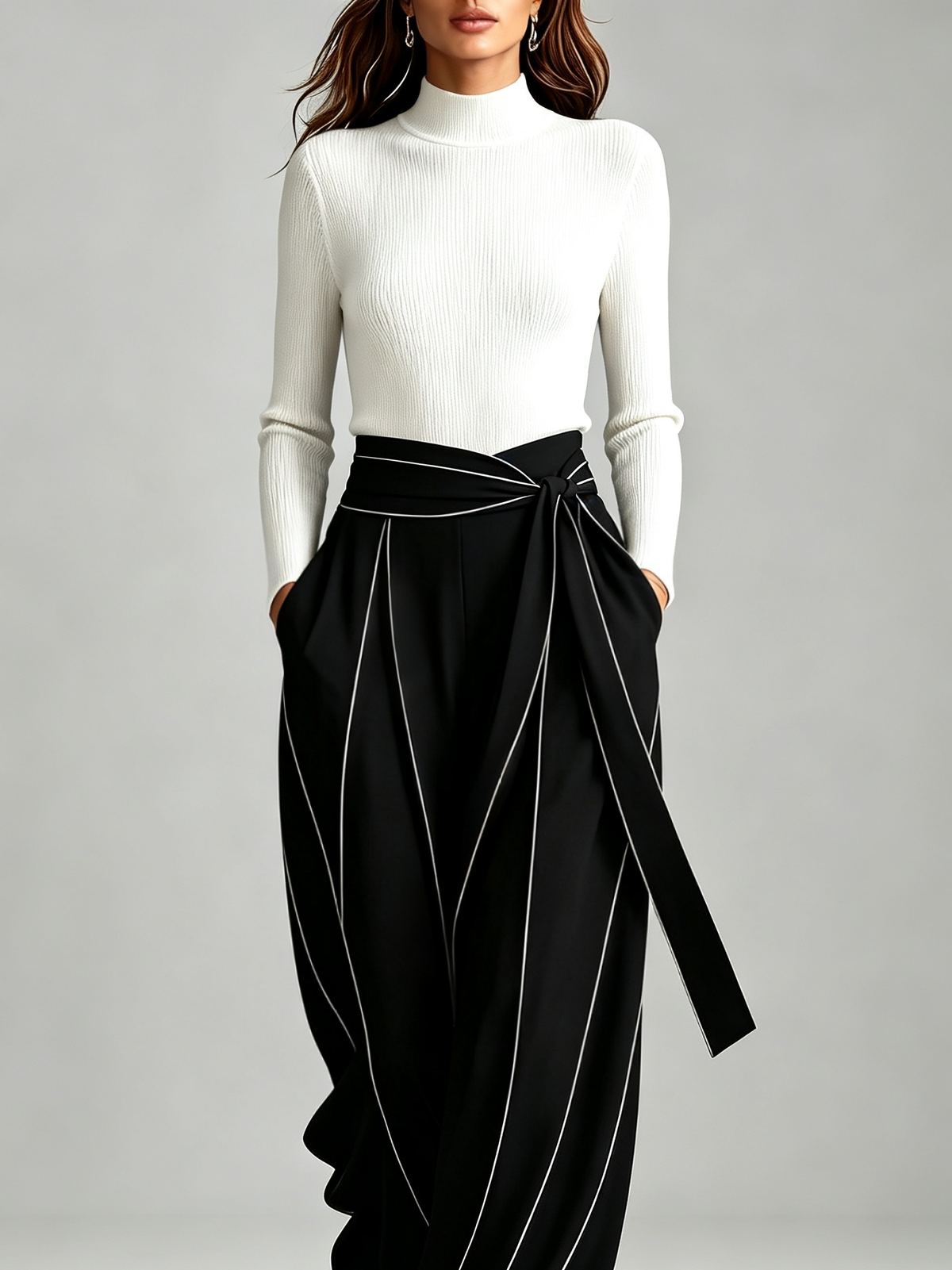 Mock Neck Ribbed Knit Top and Wrap Tie Waist Contrast Stitch Wide Leg Pants Set – Sienna Noosa