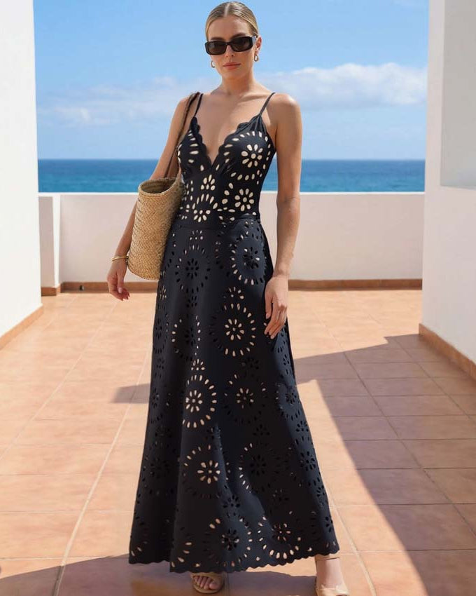 Black Laser Cutting Flower Hollow One Piece Swimsuit and Skirt – Sienna Noosa