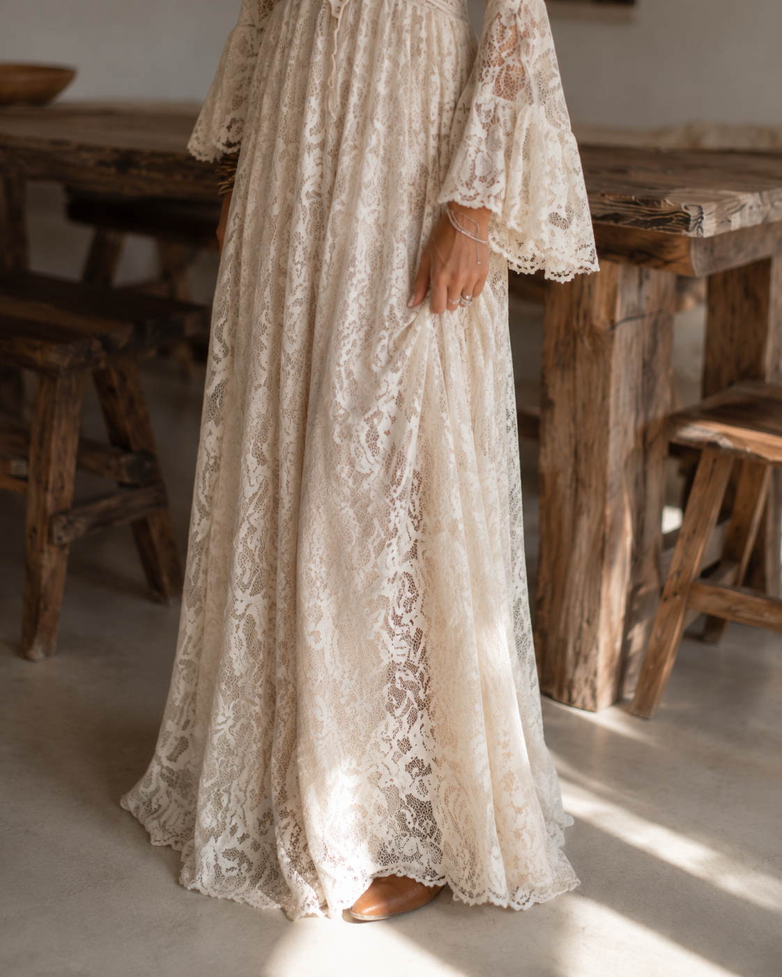 Apricot Lace V Neck Bell Sleeve Bohemian Maxi Dress – Sienna Noosa