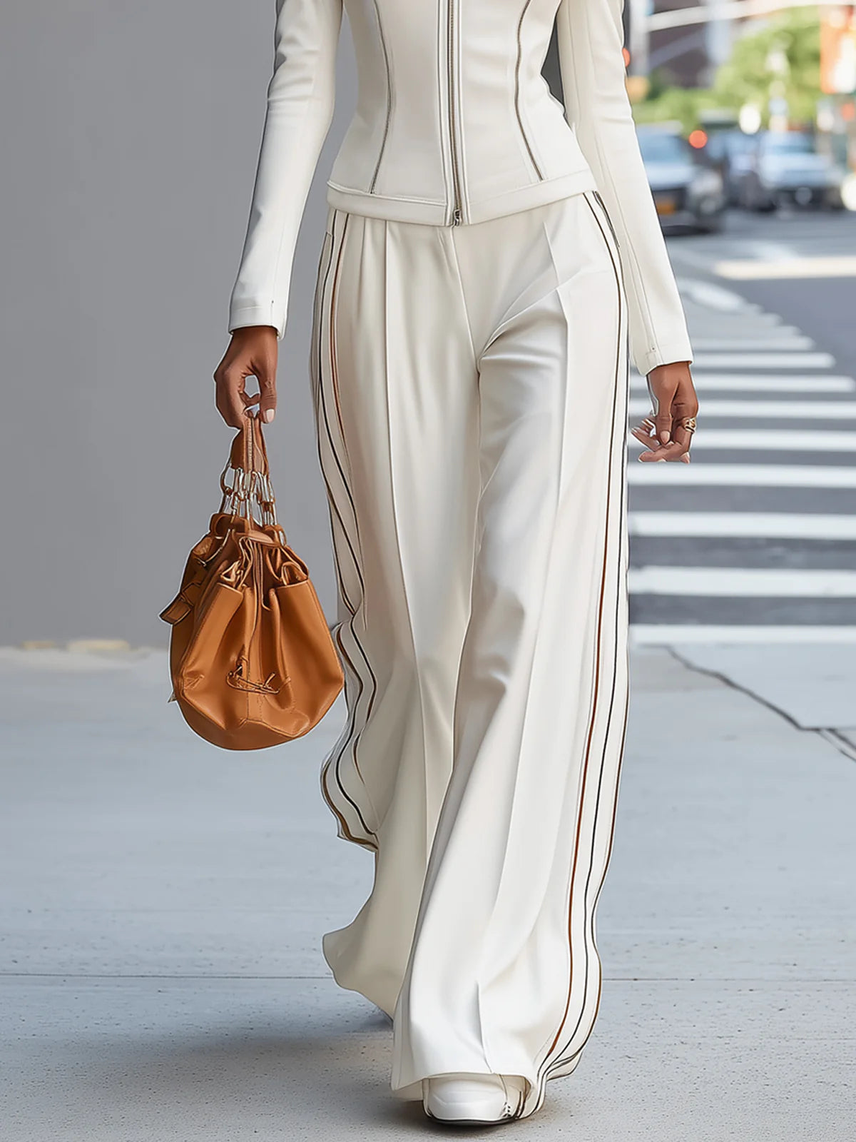 White stand-up collar zip-up wide-leg pant set – Sienna Noosa