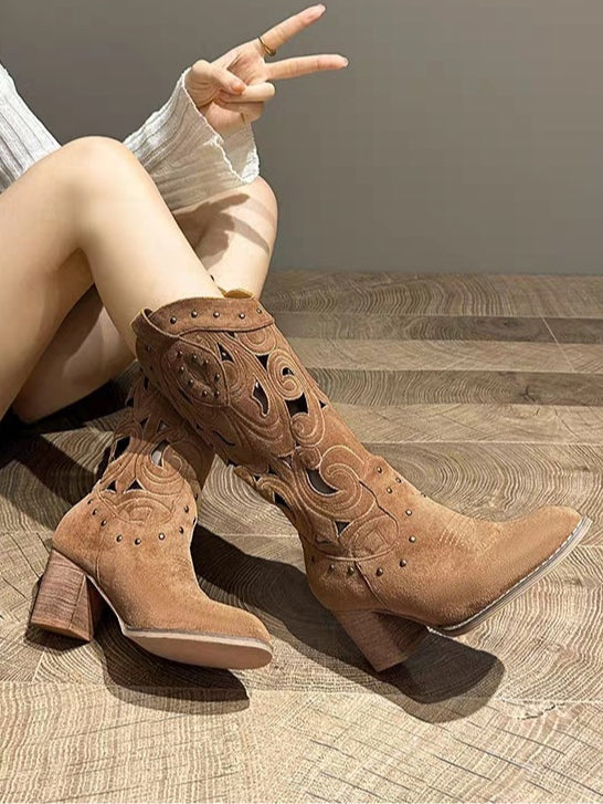 Suede Chunky Heel Embroidered Openwork Western Boots – Sienna Noosa