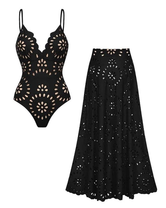 Black Laser Cutting Flower Hollow One Piece Swimsuit and Skirt – Sienna Noosa