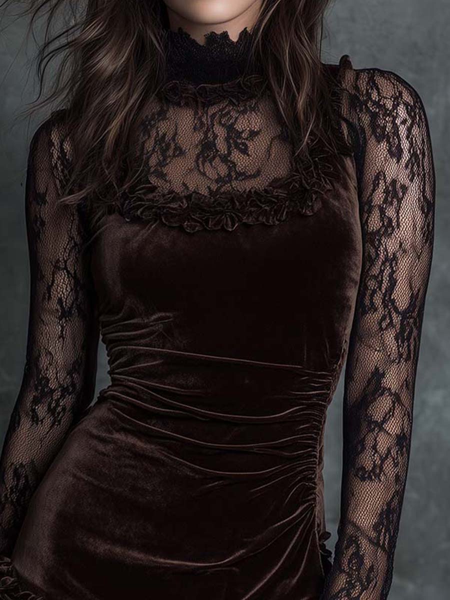 Gabriela Chocolate Velvet Lace Gothic Pleated Mini Dress – Sienna Noosa