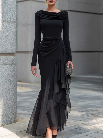 Black Draped Off Shoulder Cowl Neck Long Sleeve Chiffon Ruffle Mermaid Maxi Dress – Sienna Noosa