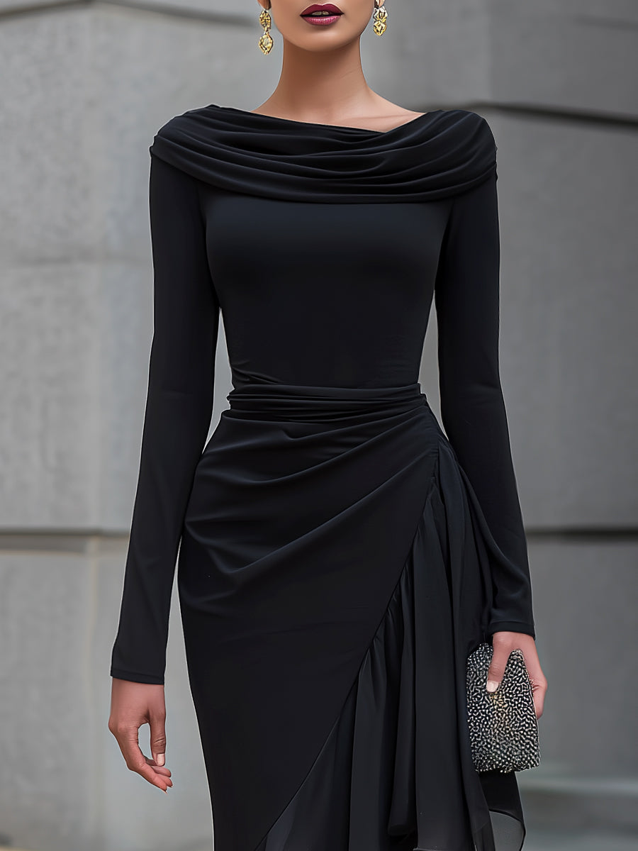 Black Draped Off Shoulder Cowl Neck Long Sleeve Chiffon Ruffle Mermaid Maxi Dress – Sienna Noosa
