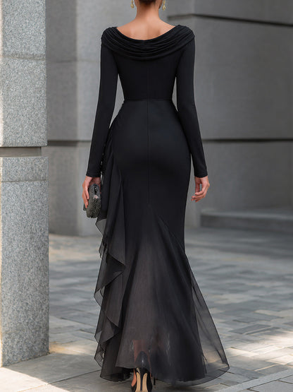 Black Draped Off Shoulder Cowl Neck Long Sleeve Chiffon Ruffle Mermaid Maxi Dress – Sienna Noosa