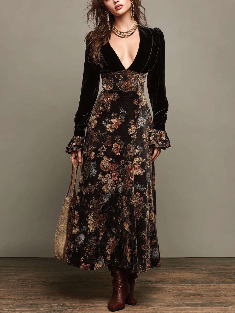 Nadia Vintage Elegant Black Velvet Deep V Neck Floral Panel Maxi Dress – Sienna Noosa