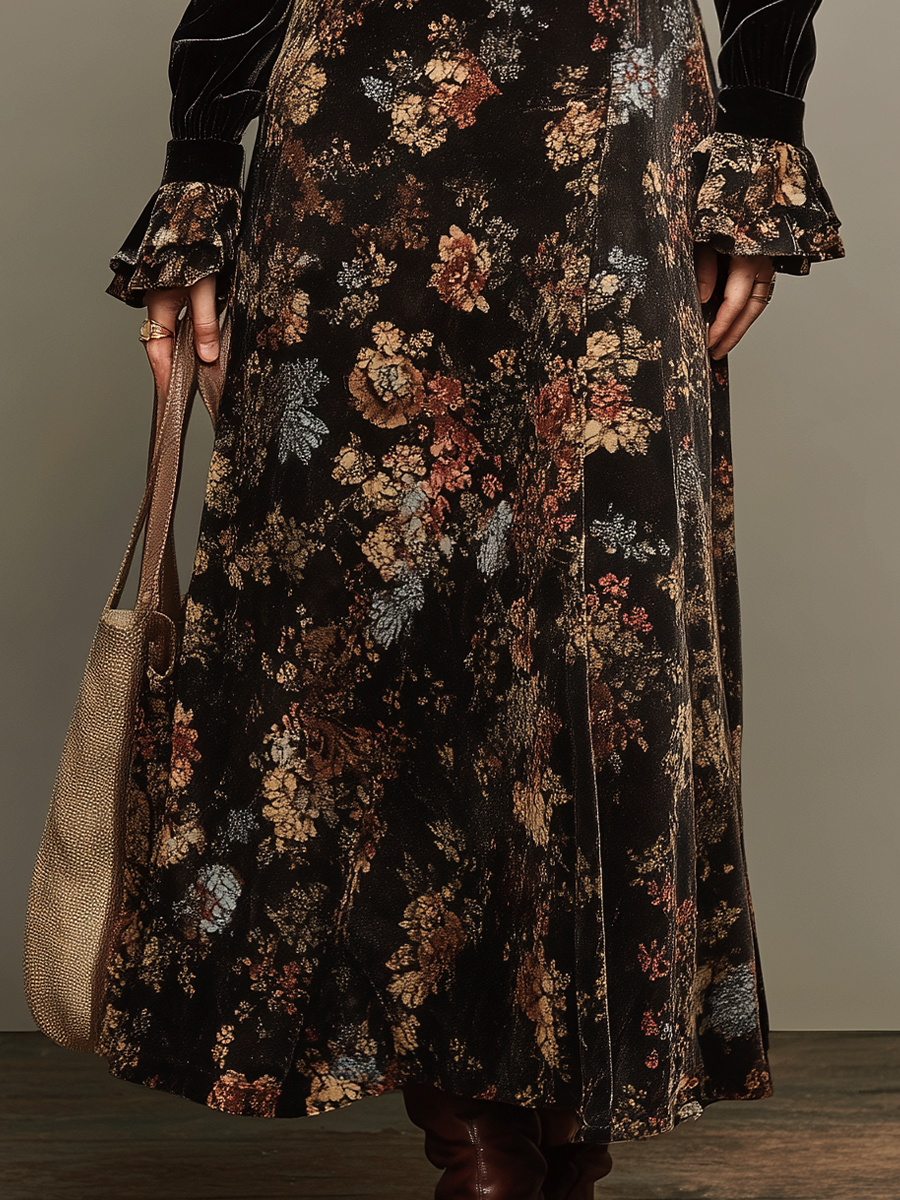Nadia Vintage Elegant Black Velvet Deep V Neck Floral Panel Maxi Dress – Sienna Noosa