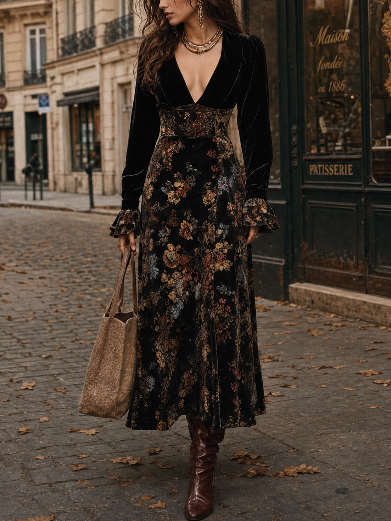 Nadia Vintage Elegant Black Velvet Deep V Neck Floral Panel Maxi Dress – Sienna Noosa