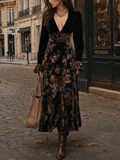 Nadia Vintage Elegant Black Velvet Deep V Neck Floral Panel Maxi Dress – Sienna Noosa